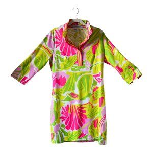 Gretchen Scott Jersey Everywhere Dress, L, 3/4 Sleeve, Pink, Yellow, Green Print
